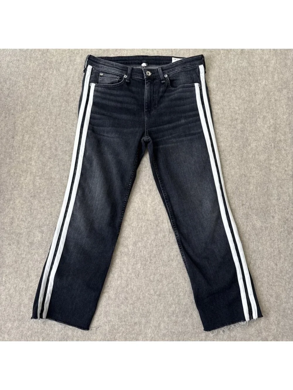 Rag Bone Cate Flare Jeans Womens 29 Charcoal Stripe Mid Rise Ankle Cropped Raw